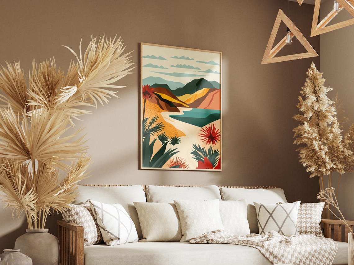 Colorful Hills Red Flowers Teal Bay Tropical Abstract Poster - Image 3