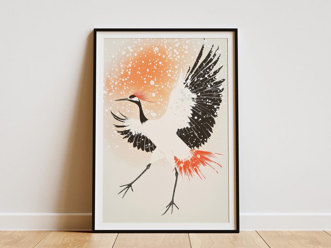 Red-Crowned Crane Dancing in Falling Snow Japanese Bird Art Poster