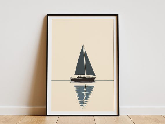 Sailboat Poster Blue And Beige Nautical Wall Art Calm Water Print Modern Yacht Illustration Ocean Decor Coastal Home Decor Summer
