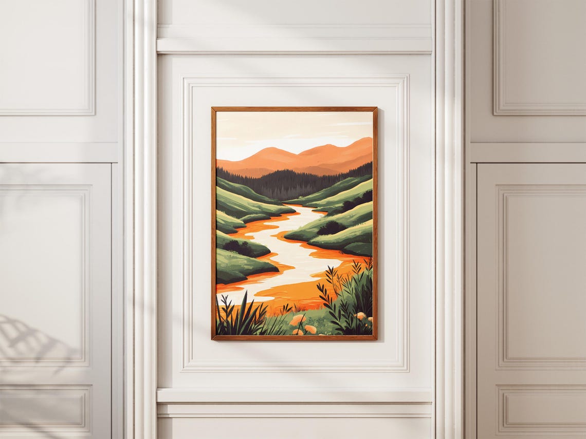 Winding Orange River Through Rolling Green Valley Sunset Poster - Image 2