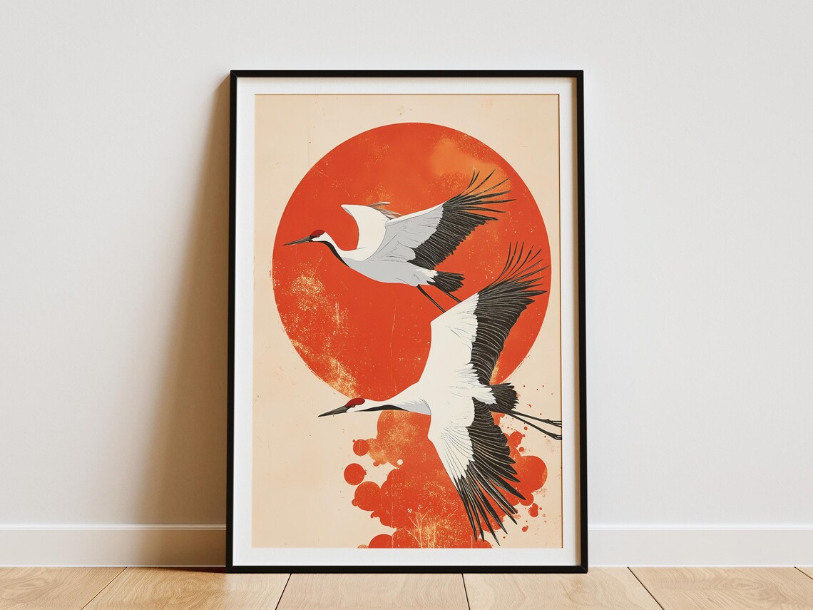 Cranes In Flight Before Red Sun Japanese Woodblock Art Poster