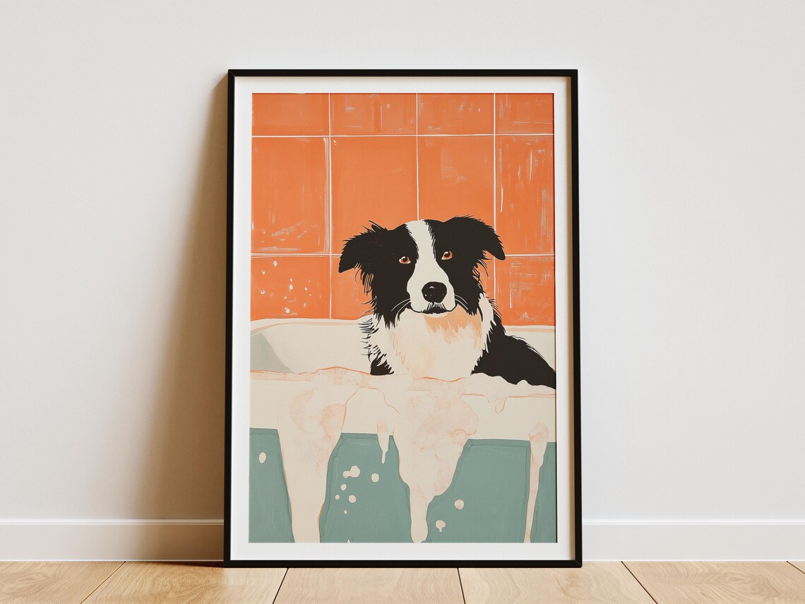 Border Collie Dog in Bubble Bath Tub Funny Pet Bathroom Poster