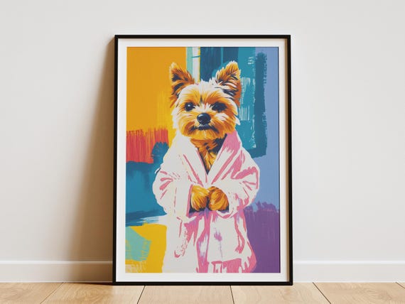 Yorkshire Terrier Puppy In Bathrobe Poster Cute Dog Wall Art Print Nursery Decor Pet Portrait Modern Animal Illustration Lover Gift
