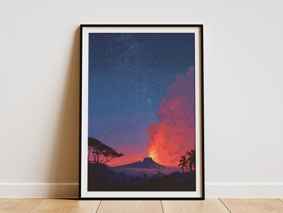 Dramatic Erupting Volcano Starry Night Sky Tropical Landscape Poster