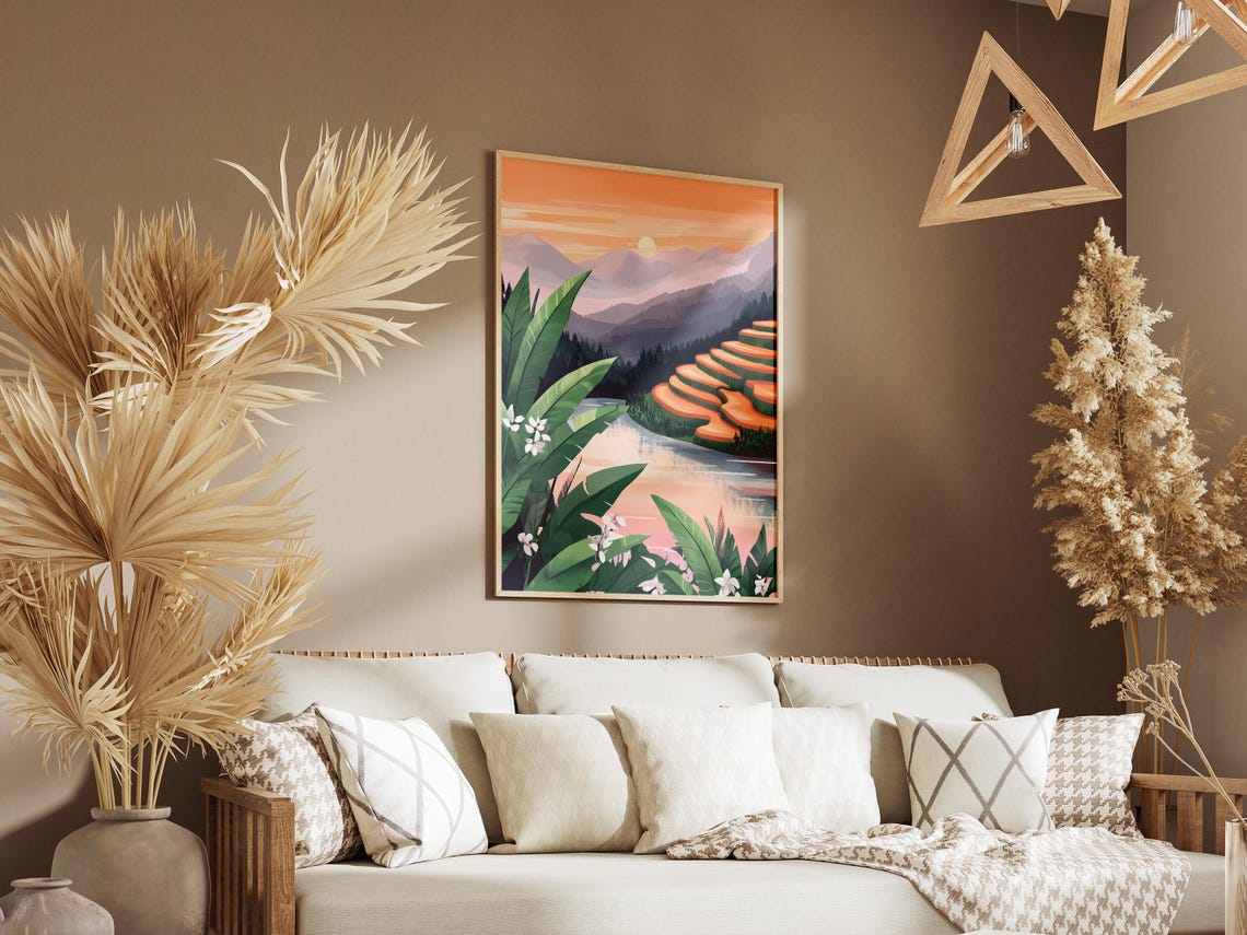Tropical Rice Terraces Dawn Misty Mountains Landscape Poster - Image 3