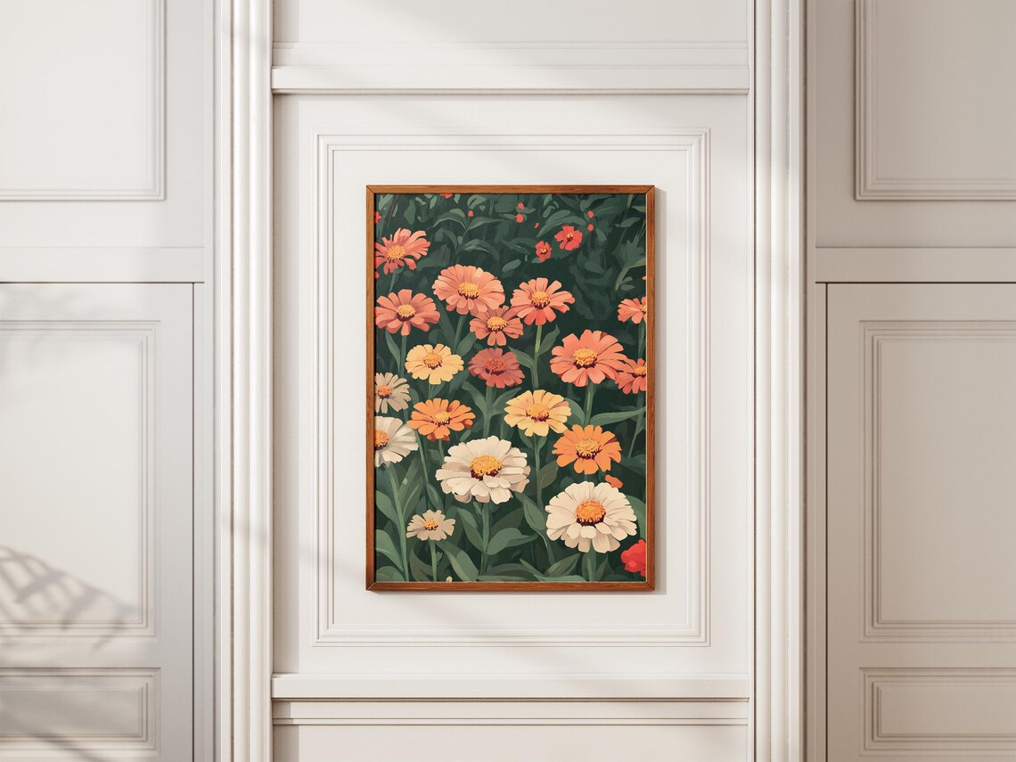 Colorful Zinnias Blooming in Orange Pink Yellow and Cream Poster - Image 2