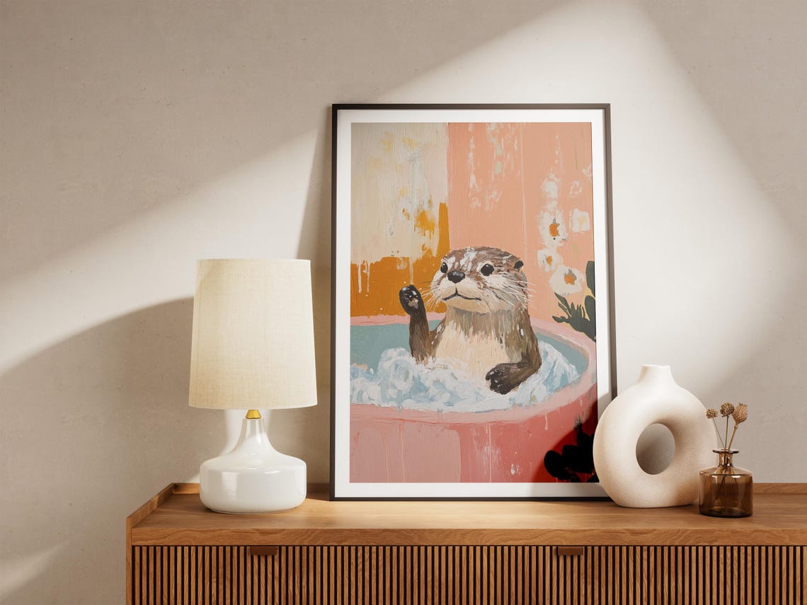Friendly Waving Otter In Pink Bubble Bath Peach Sunset Poster - Image 5