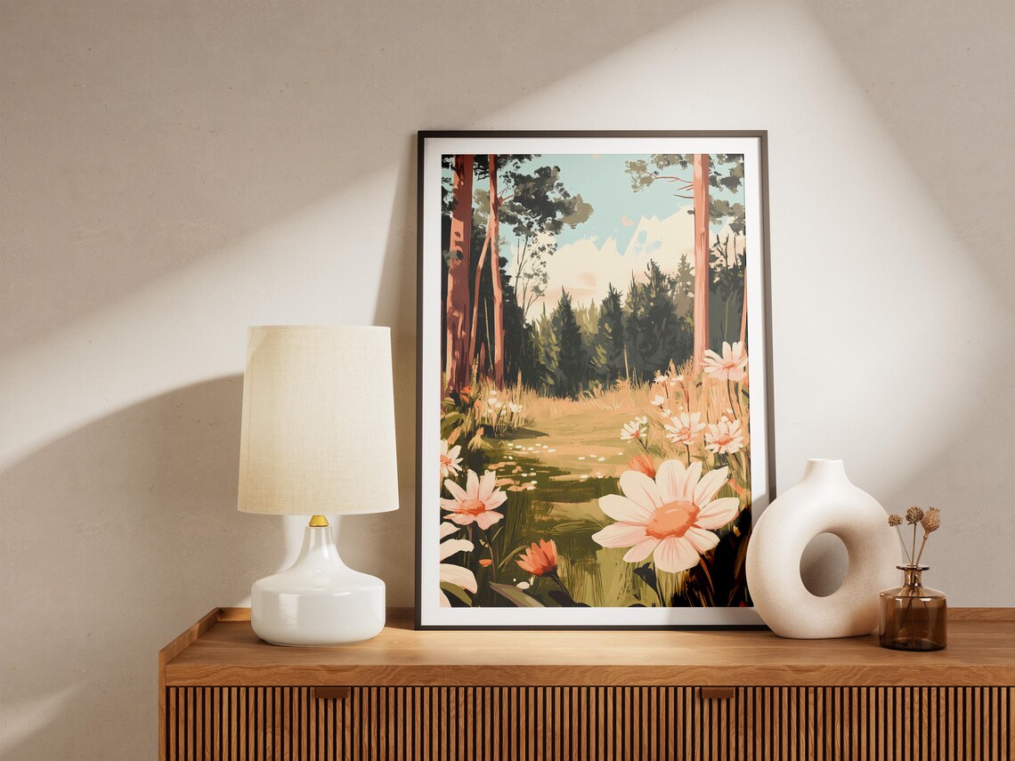 Pink And White Daisies Blooming Along Forest Pond Spring Poster - Image 5