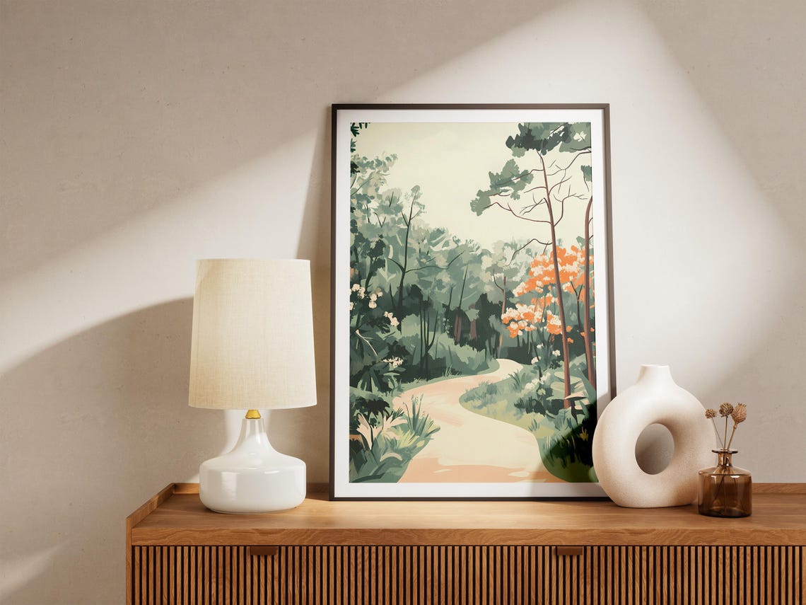 Winding Path Through Soft Green Spring Woods With Blossoms Poster - Image 5