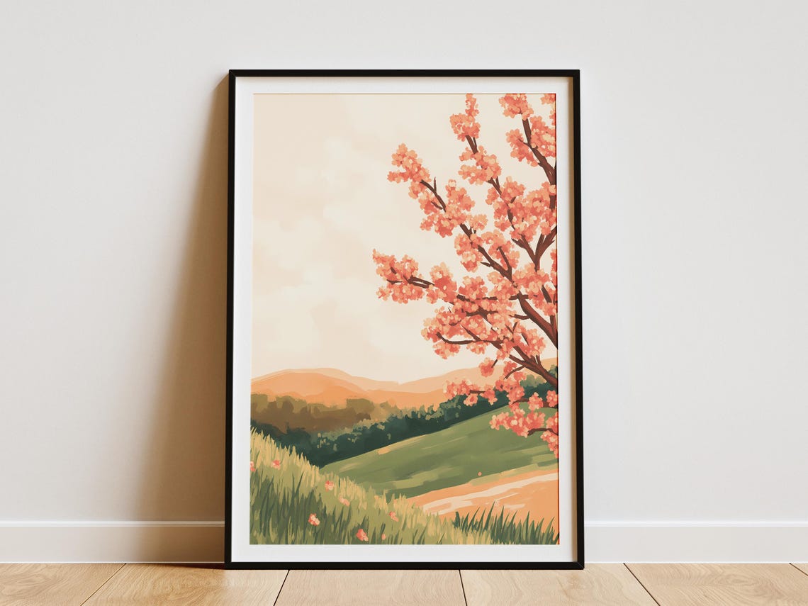Peach Blossom Branches Over Rolling Green Valley Hills Poster
