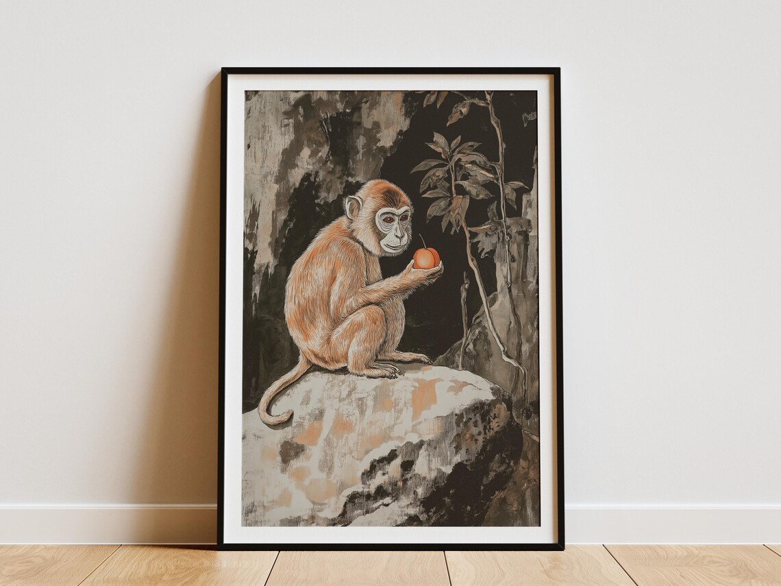 Monkey Holding a Peach on Rock Traditional Asian Ink Art Poster