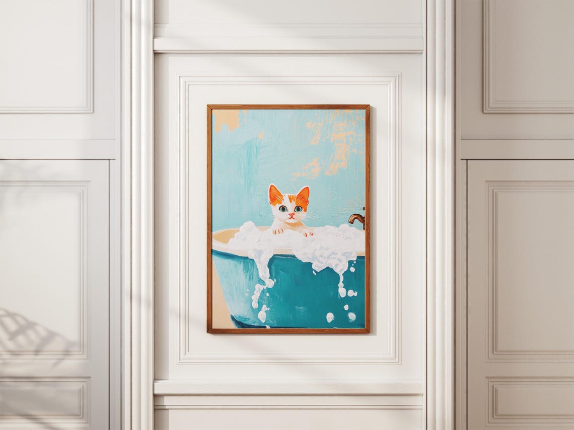 Orange White Kitten Foamy Bubble Bath Teal Tub Cute Art Poster - Image 2