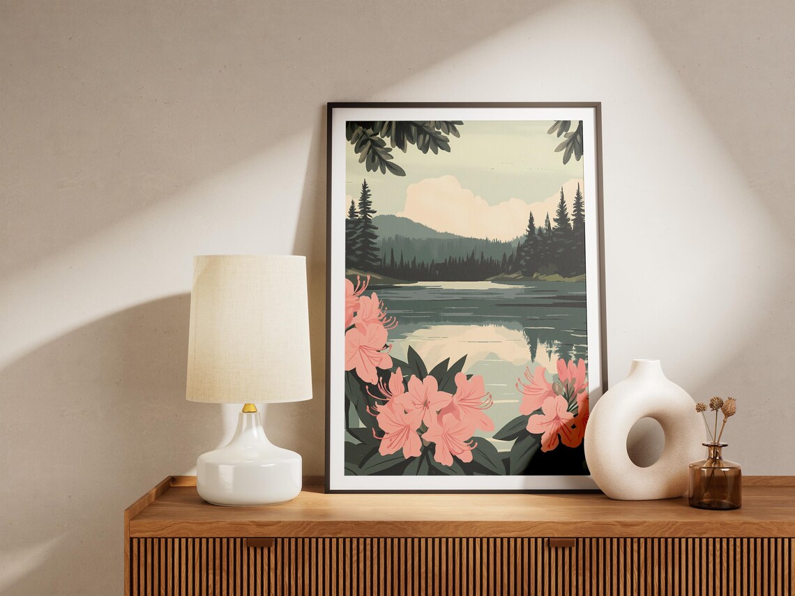 Pink Rhododendrons Framed Mountain Lake Pine Forest Scene Poster - Image 5
