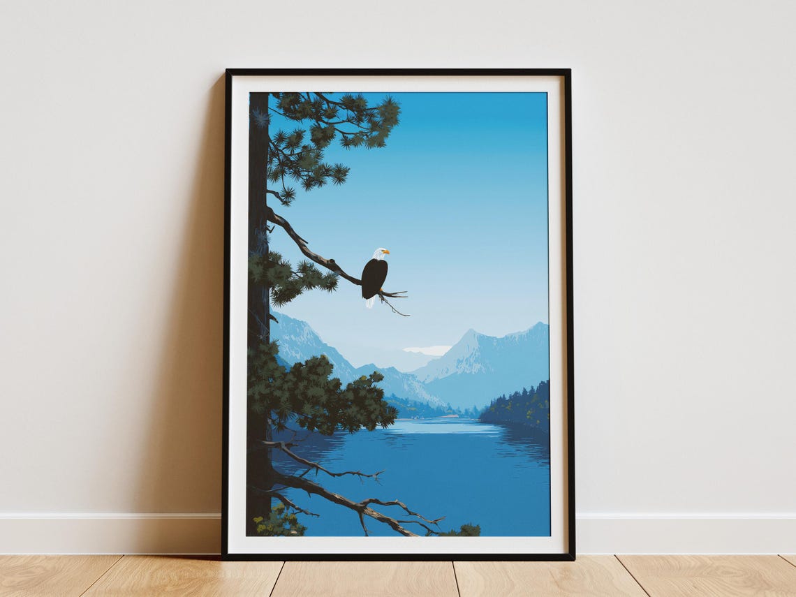 Bald Eagle Perched on Pine Branch Over Blue Mountain Lake Poster - Image 4