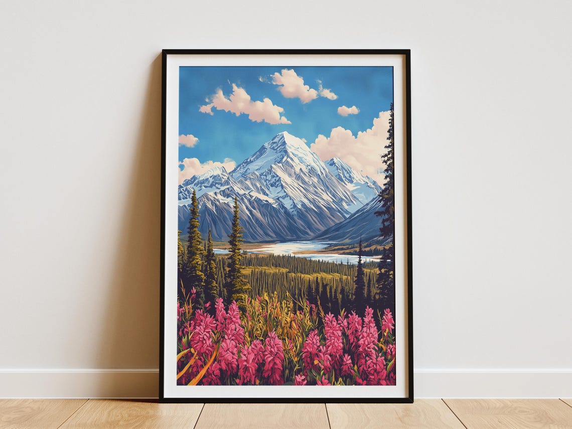 Snowy Mountain Peak Pink Wildflowers Alpine Valley Meadow Poster