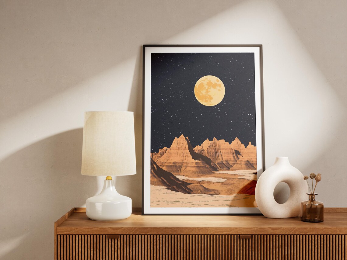 Badlands National Park Full Moon Over Rugged Desert Peaks Night Sky Poster - Image 4