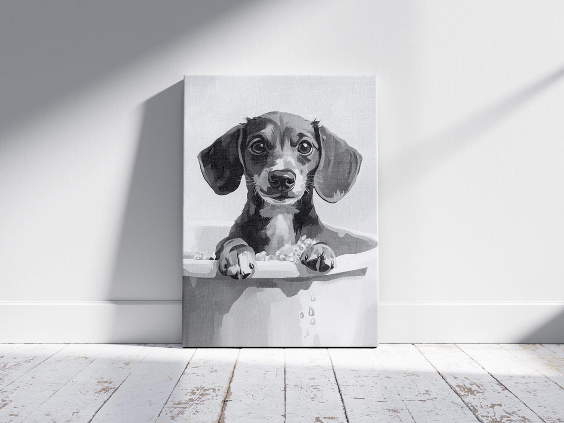 Dachshund Puppy In A Bubble Bath Black And White Cute Art Poster - Image 2