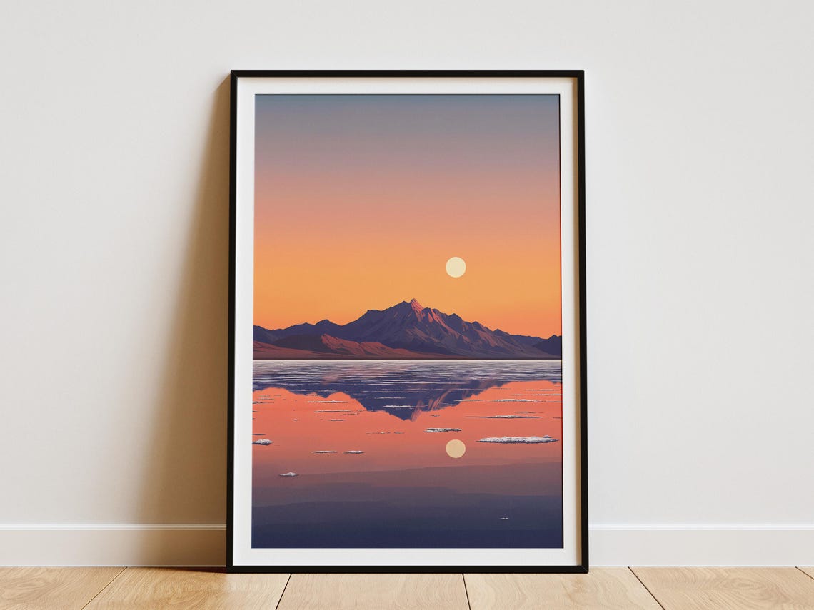 Salt Flat Sunset with Mirror Reflection of Mountains Poster Scenic