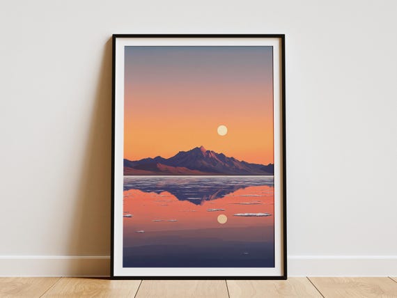 Salar De Uyuni Bolivia Flat Illustration Sunset Landscape Poster Minimalist Mountain Print Pink Orange Desert Art Modern Wall Decor