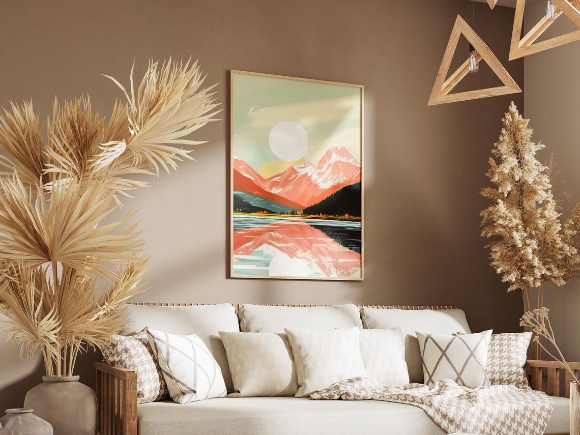 Sunrise Mountain Peaks Landscape Art Print Poster Nature Wall Decor Modern Home Decor Lake Reflection Abstract Mountain Range Painting - Image 3