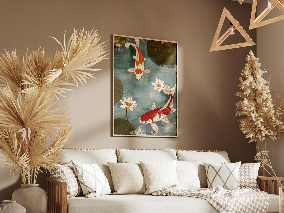 Koi Fish Pond Lotus Blossoms Lily Pads Japanese Painting Poster - Image 3