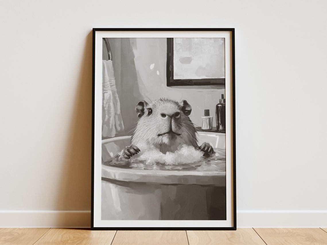 Capybara Bubble Bath In A Bathroom Black And White Art Poster
