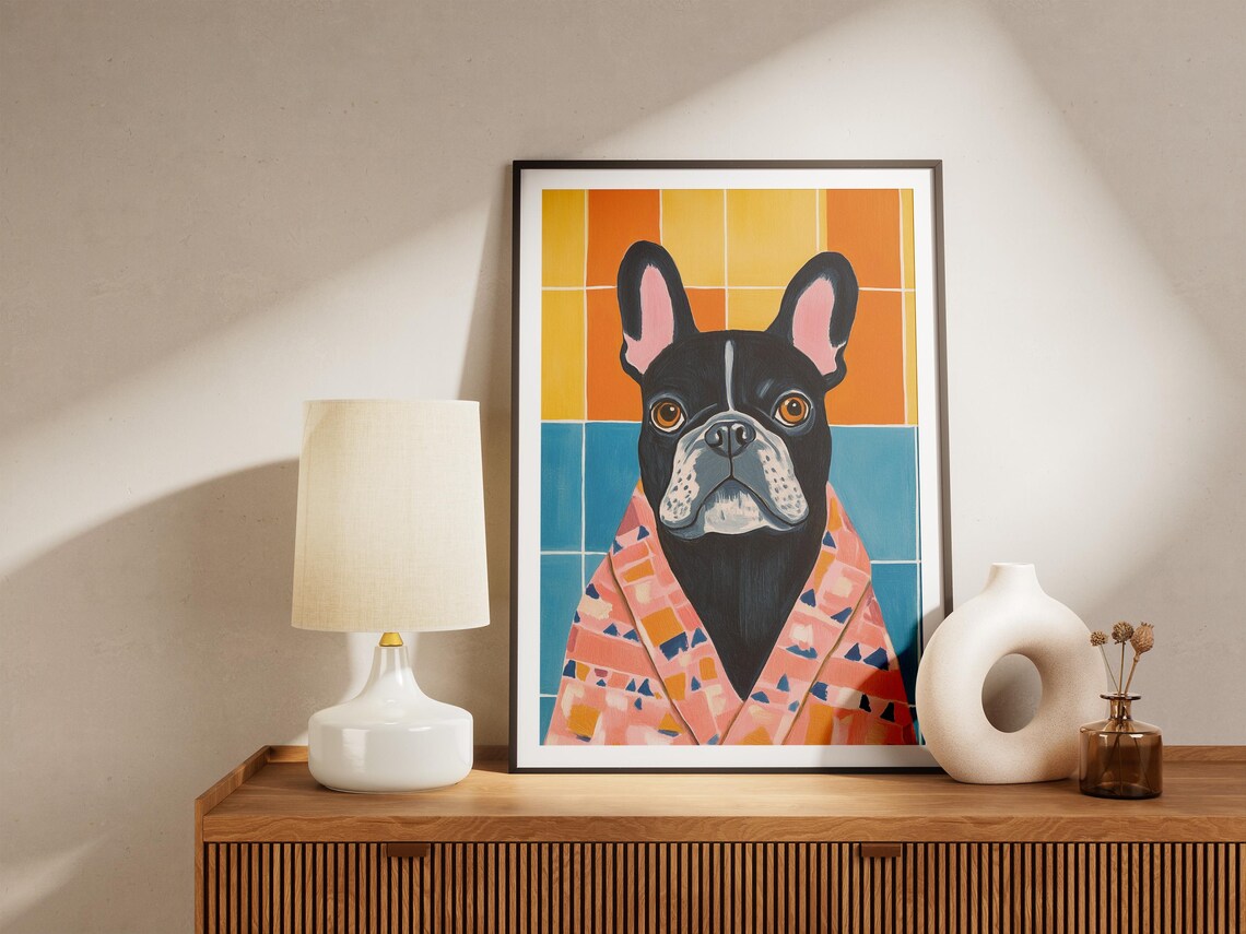 Cute Black French Bulldog in Colorful Bathrobe Pop Art Poster - Image 4