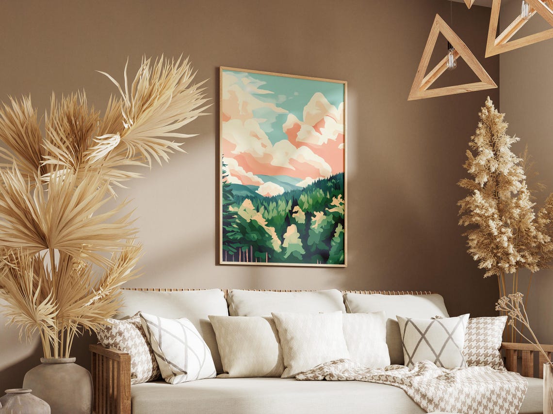Serene Dreamy Pine Forest Beneath Pastel Peach Cloudscape Poster - Image 3
