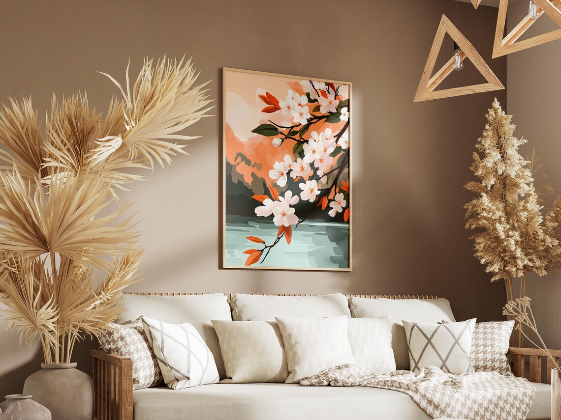 White Cherry Blossoms Hanging Over Calm Water at Dusk Floral Poster - Image 3