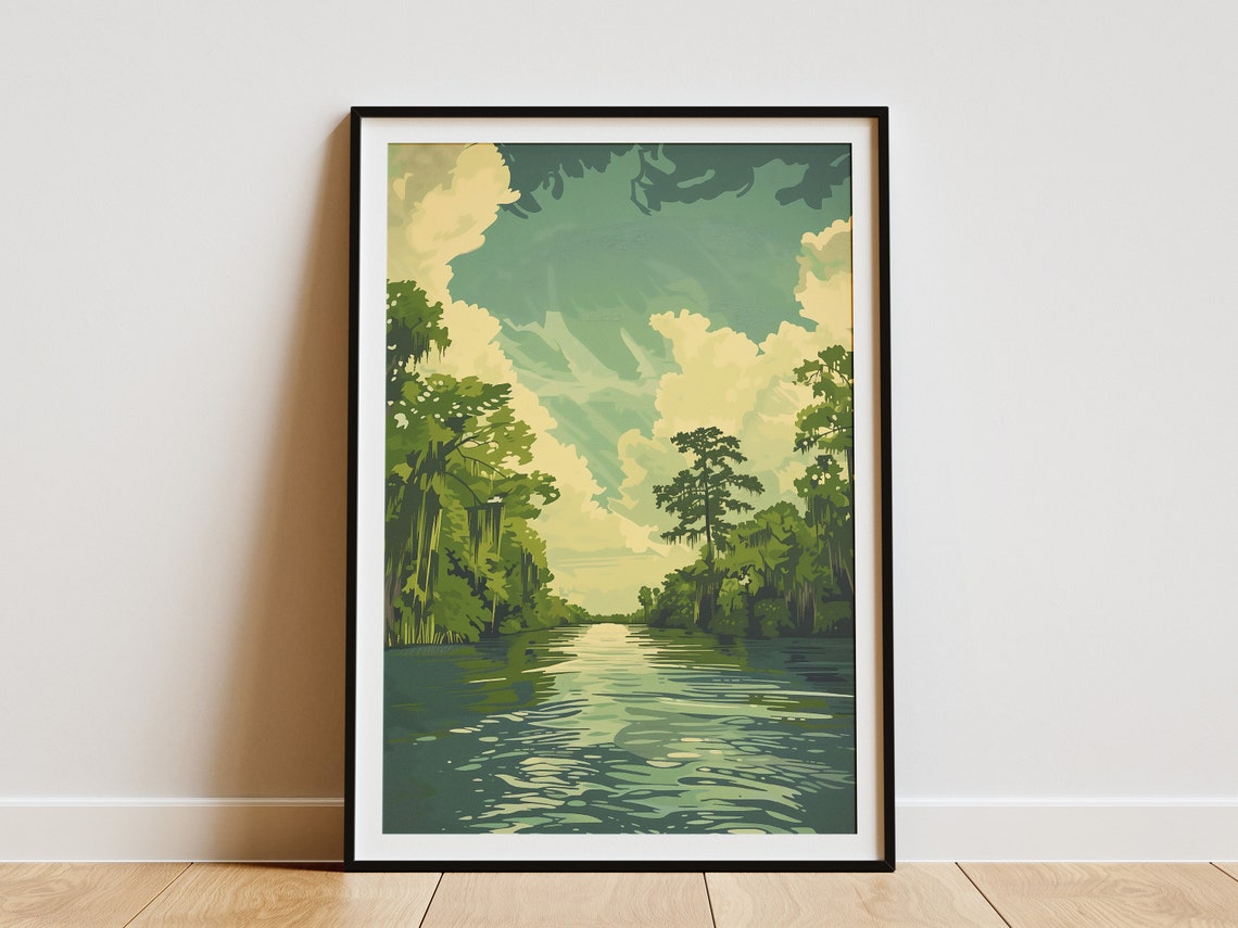 Lush Cypress Swamp River Beneath a Dramatic Cloudy Sky Poster
