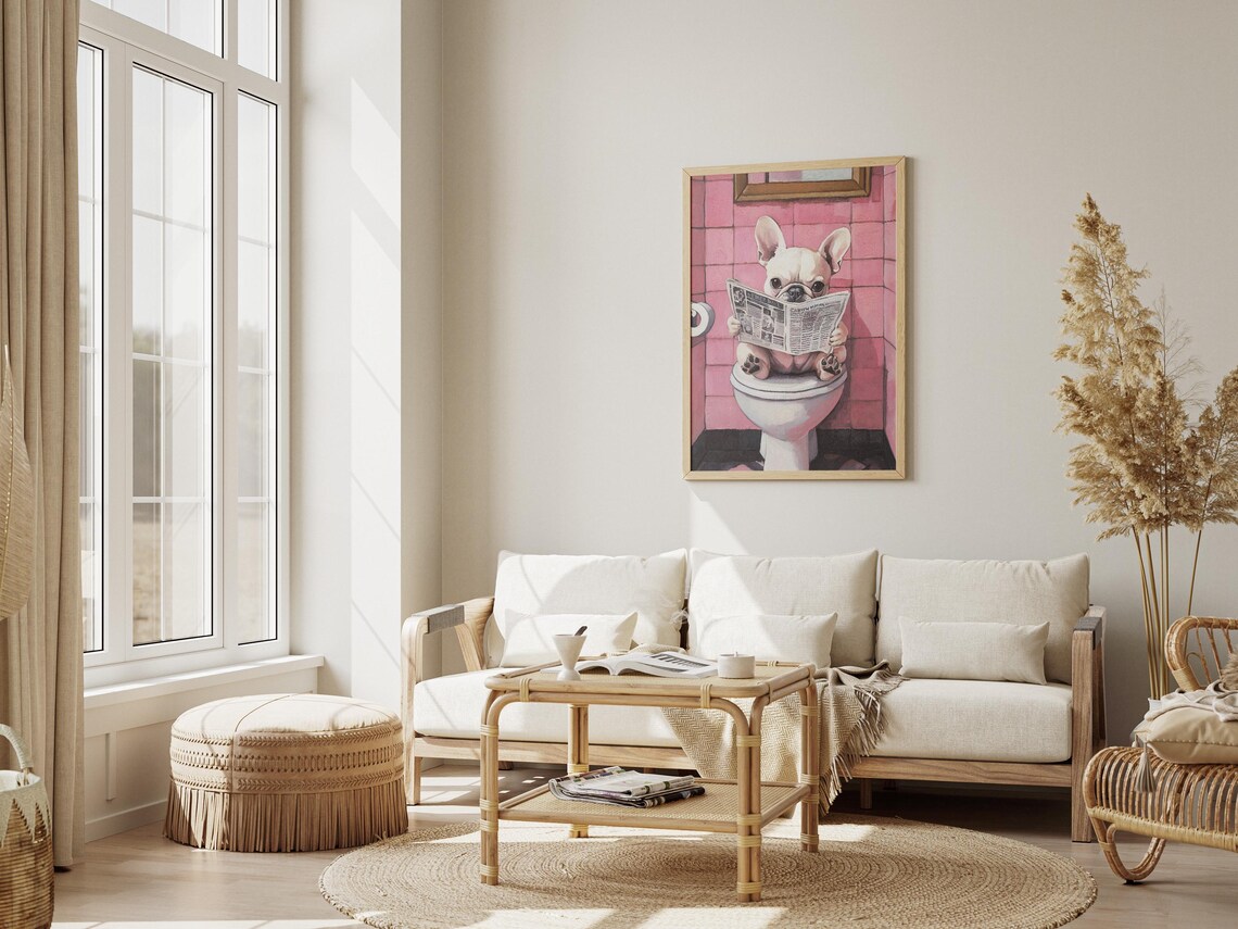 French Bulldog Puppy Reading Paper Pink Tiles Dog Art Poster - Image 3