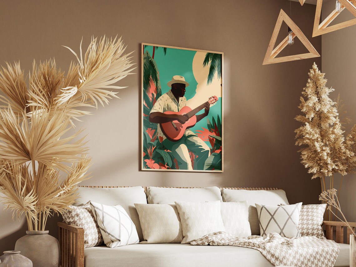 Island Guitar Player Among Palm Leaves Retro Tropical Music Art Poster - Image 3