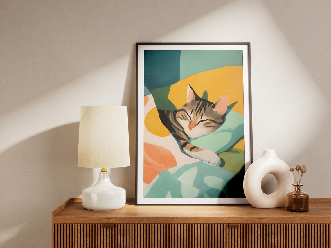 Tabby Cat Sleeping Among Colorful Shapes Matisse Style Art Poster - Image 4