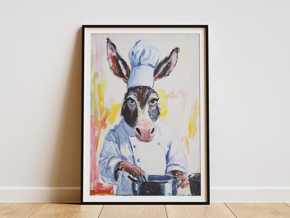 Donkey Chef Art Print Funny Kitchen Poster Animal Illustration Quirky Home Decor Gift