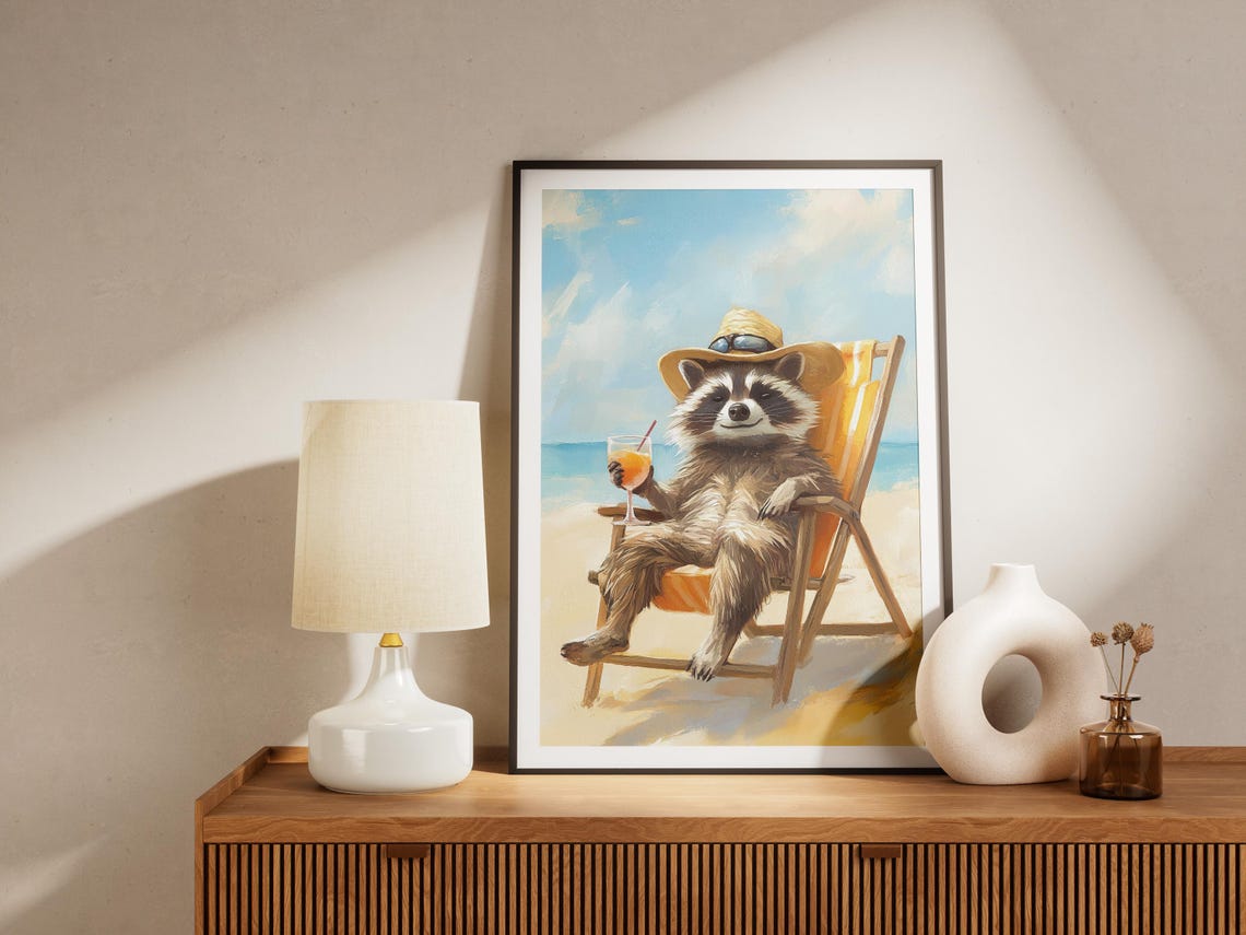 Raccoon in Beach Chair with Cocktail Summer Fun Scene Poster - Image 4