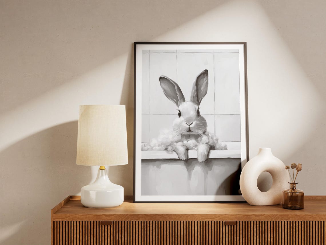 Sweet Rabbit Bubble Bath Cute Minimalist Bunny Bathroom Poster - Image 4