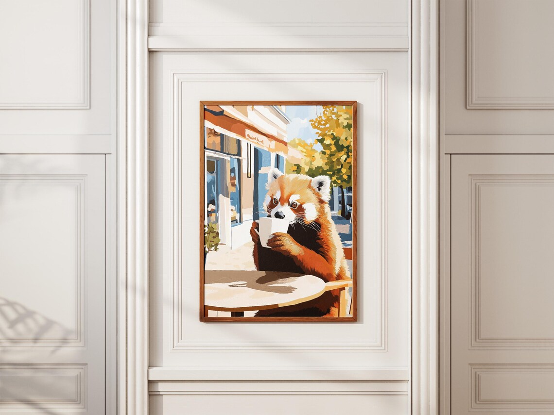 Red Panda Holding A Coffee Mug At An Autumn Cafe Terrace Poster - Image 2