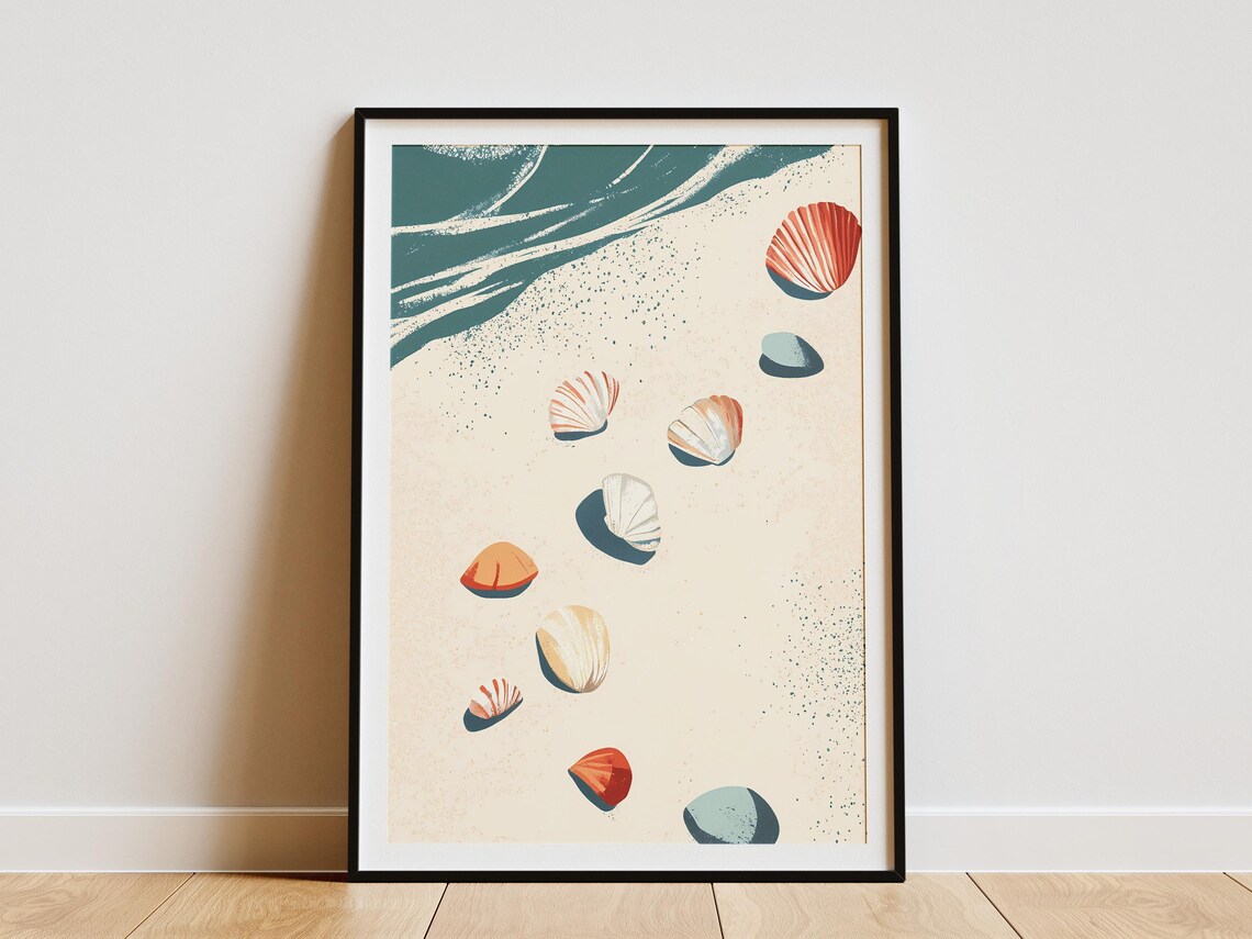 Seashells Scattered on Sandy Beach Coastal Poster from Above