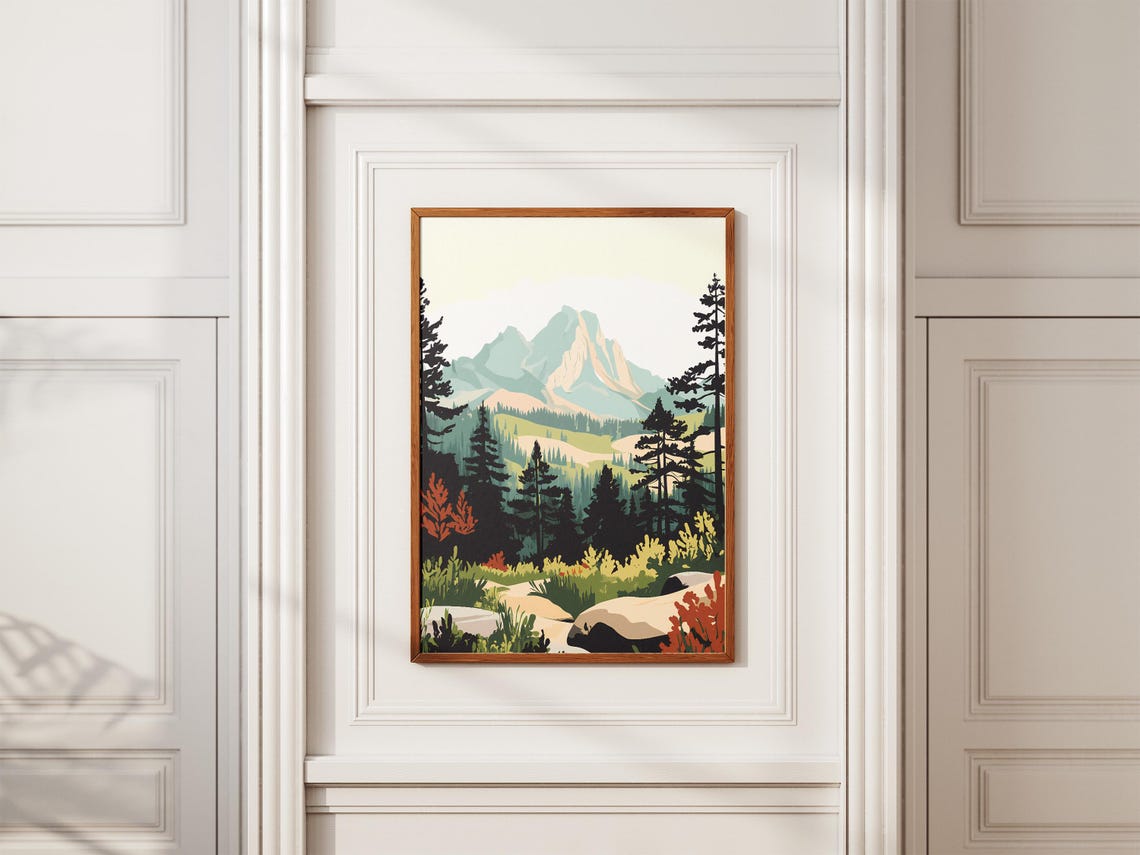Mountain Range Pine Forest Valley Stream Landscape Art Poster - Image 2