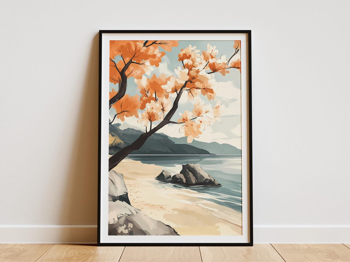 Blossom Tree Branch Over Sandy Lake Shore Dreamy Spring Poster