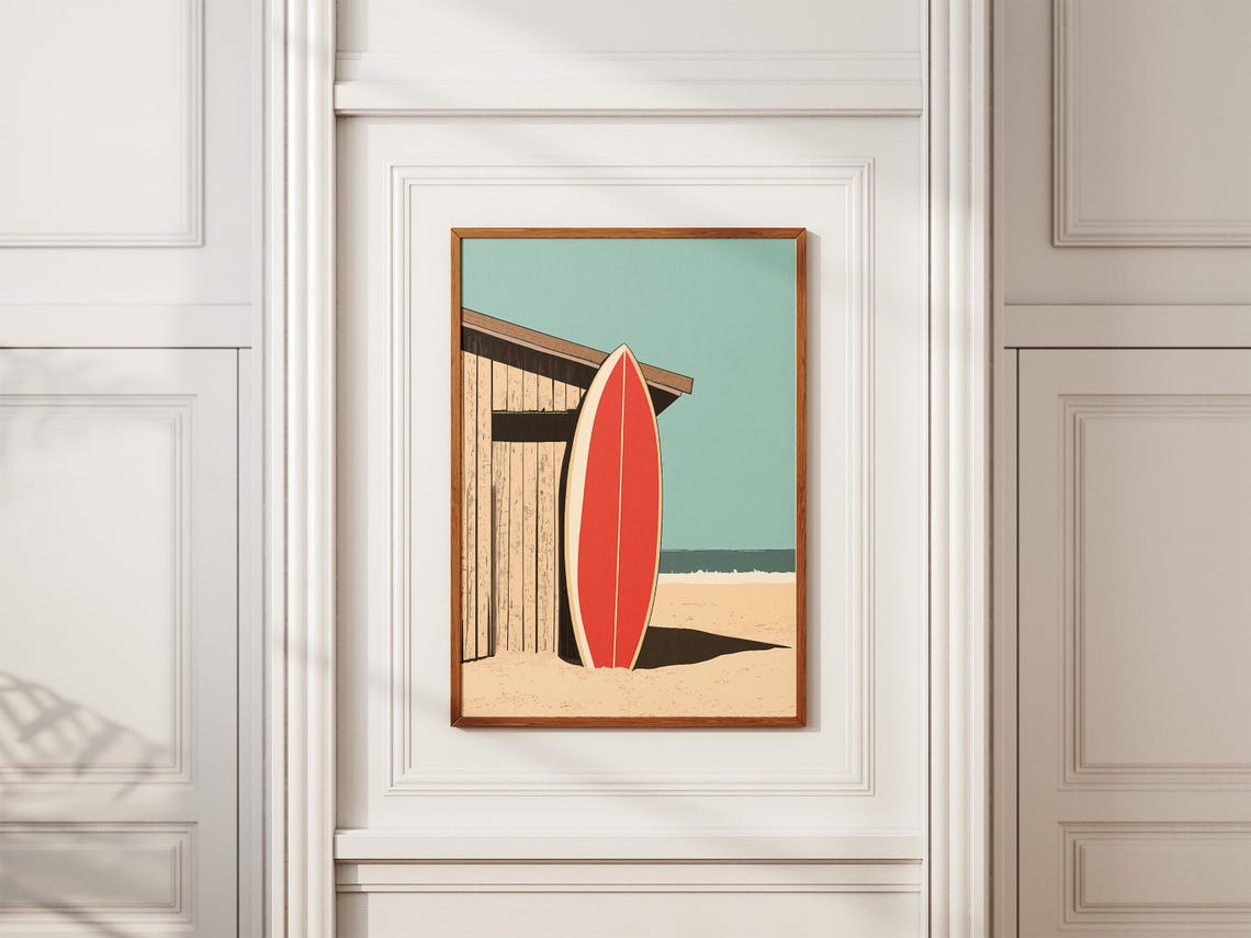 Red Surfboard Wooden Beach Hut Summer Surf Coastal Travel Poster - Image 2