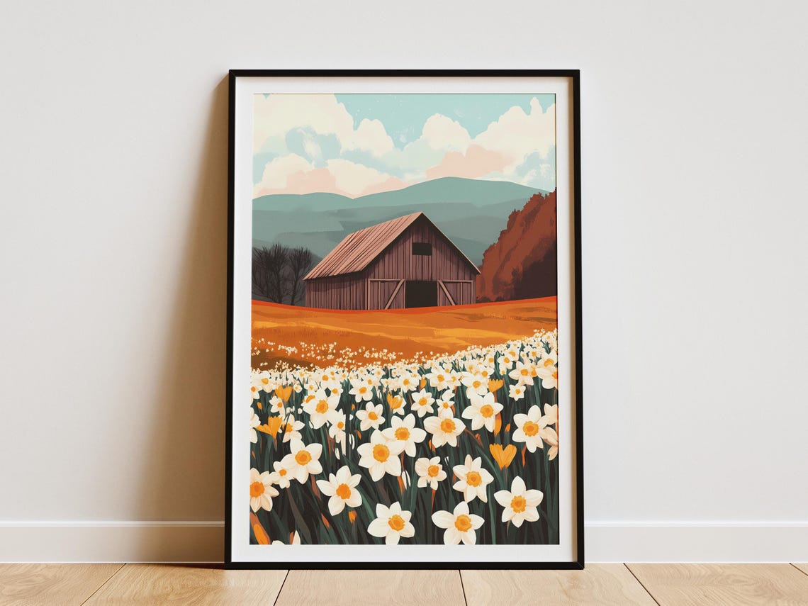 Rustic Red Barn With Daffodils Spring Farmhouse Landscape Poster
