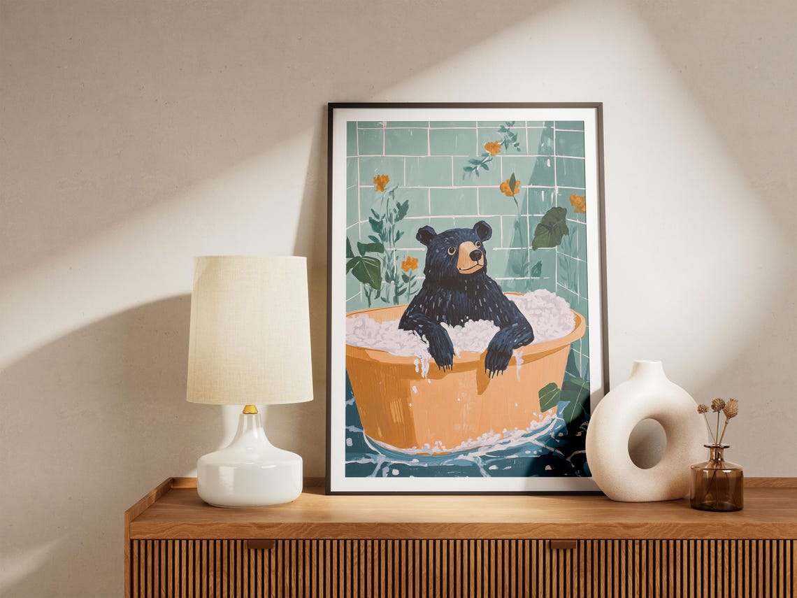 Smiling Black Bear Relaxing in a Foamy Orange Bathtub Poster - Image 5