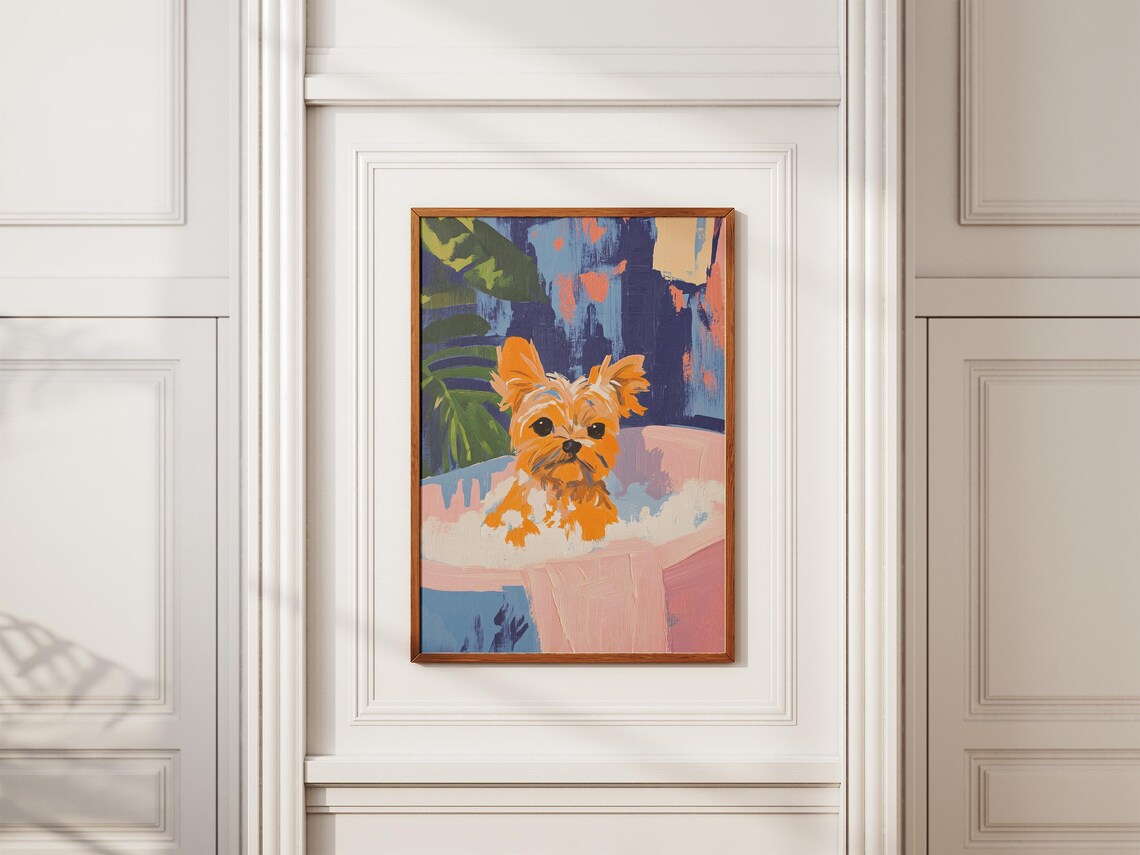 Yorkshire Terrier Splashing in Pink Bathtub Funny Dog Art Poster - Image 2