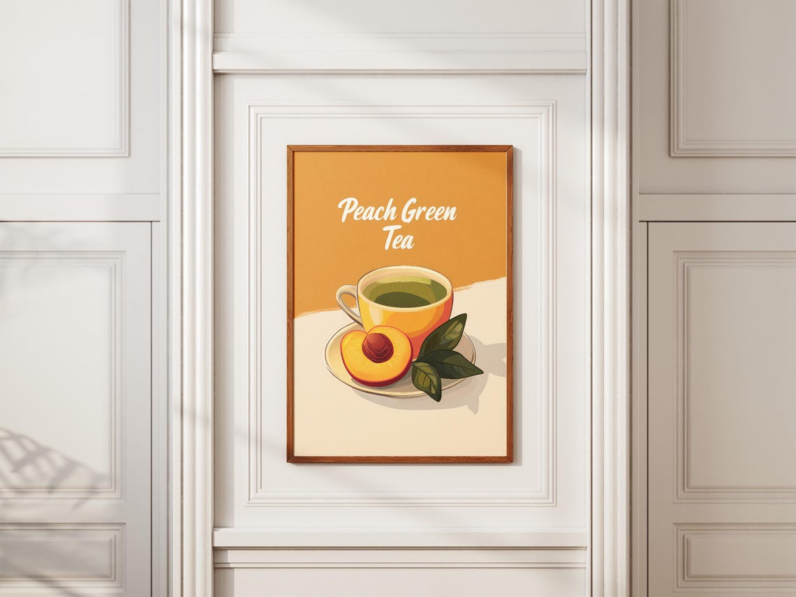Peach Green Tea Hot Fruit Tea Cup Yellow Kitchen Illustration Poster - Image 2