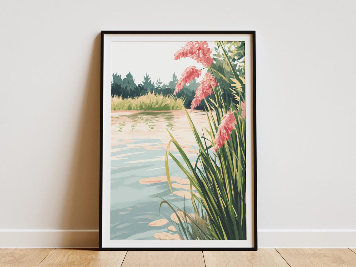 Pink Pampas Grass Swaying Beside a Tranquil Blue Lake Poster