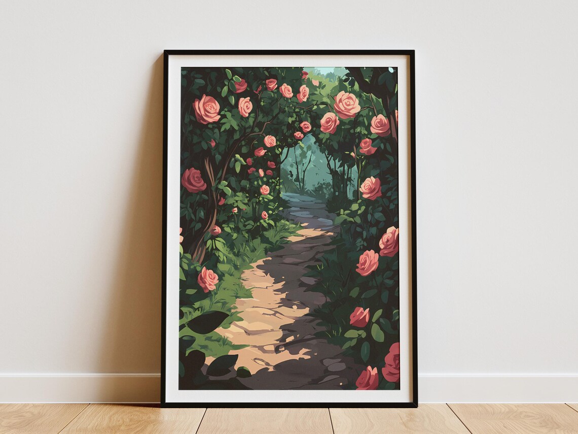 Rose Archway Garden Path Pink Blooms Lush Tunnel Dream Poster