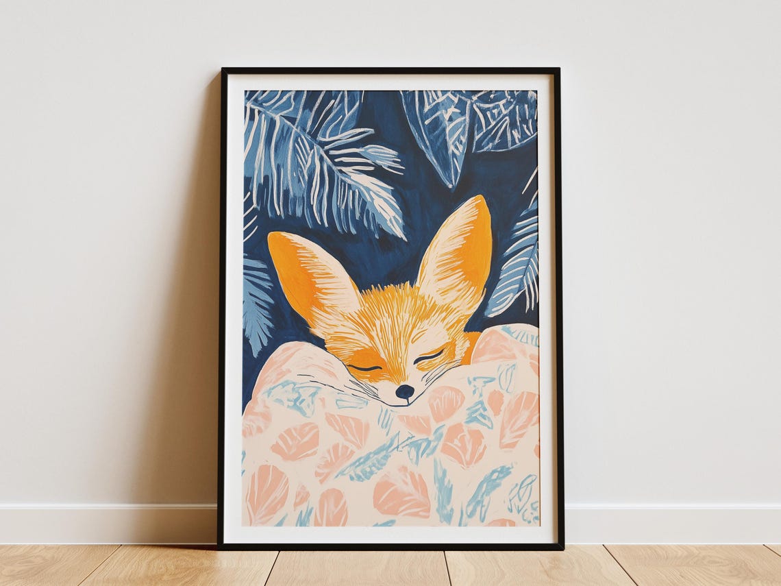Fennec Fox Sleeping Under Leaf Blanket Blue Night Art Poster