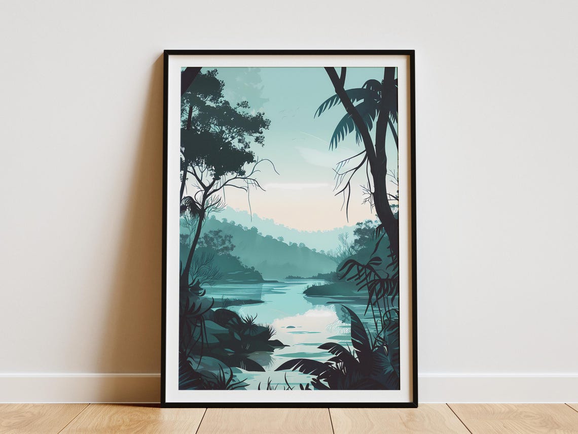 Tasmanian Wilderness River Dawn Mist Minimalist Forest Art Poster