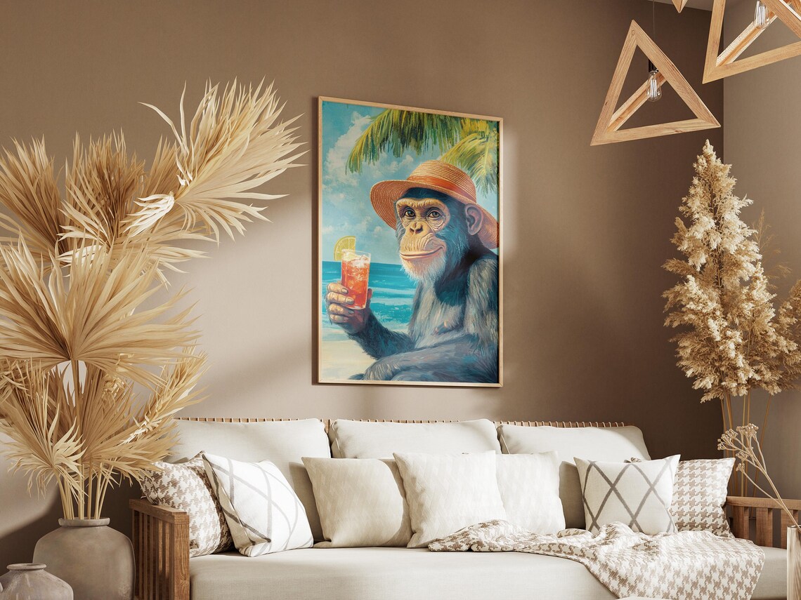 Chimpanzee In Straw Hat Holding Cocktail On Sunny Beach Poster - Image 3